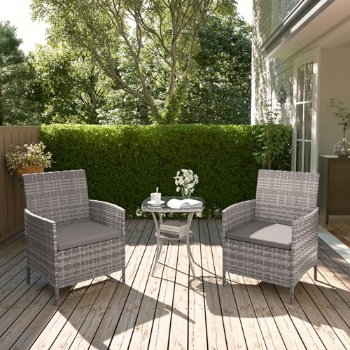 UDPATIO Gartenmöbel Set 3-Teilige Lounge Balkonmöbel Set mit Wetterfeste Gartentisch und 2 Stühlen für Kleiner Balkon, Terrasse und Draußen, Strapazierfähige Polyrattan Terrassenmöbel 2 Personen Grau 3