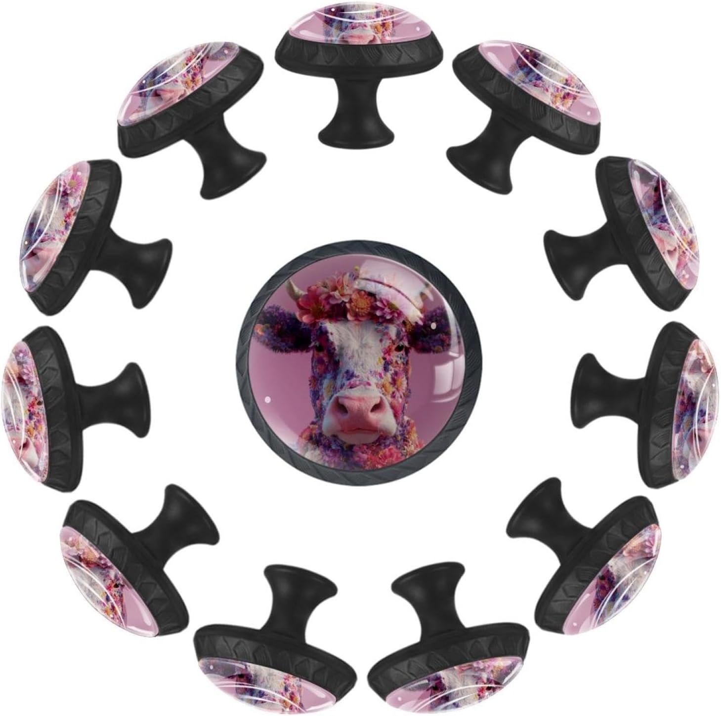 Black Floral Pastorable Flower (2) Universal Cabinet Knobs, Glass Drawer Pulls for Various Indoor Furniture