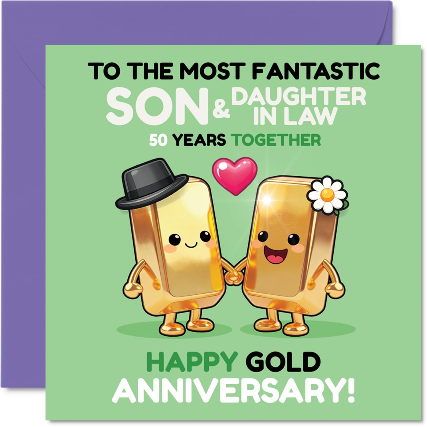 Playful 50th Anniversary Card for Son & Daughter in Law - Fifty Years of Golden Laughs - Cute Gold Bar Characters Celebrating Together - 145mm Square, Envelope Included