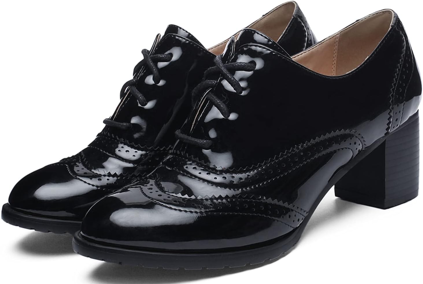 KOKOMOMO Womens Wingtip Heels Patent Leather Chunky Oxfords Vintage Lace Up Brogue Shoes