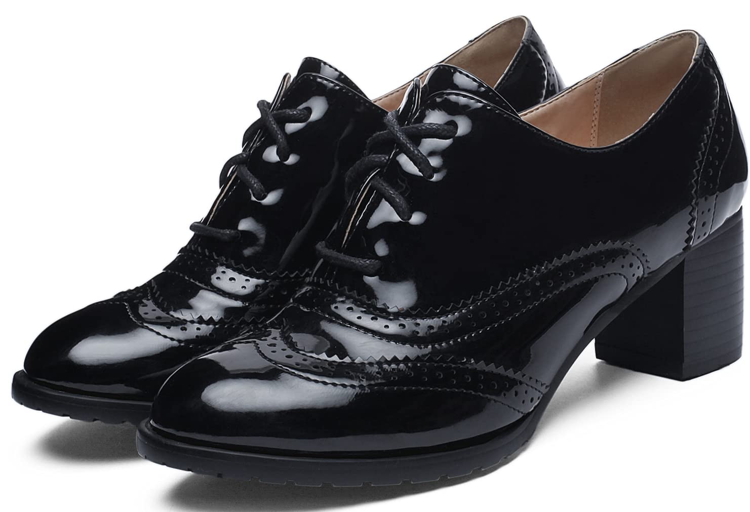 KOKOMOMO Womens Wingtip Heels Patent Leather Chunky Oxfords Vintage Lace Up Brogue Shoes