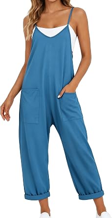 Jumpsuits for Women Casual V Neck Sleeveless Baggy Overalls Spaghetti Strap Jumpers with Pockets Summer Romper Clothes