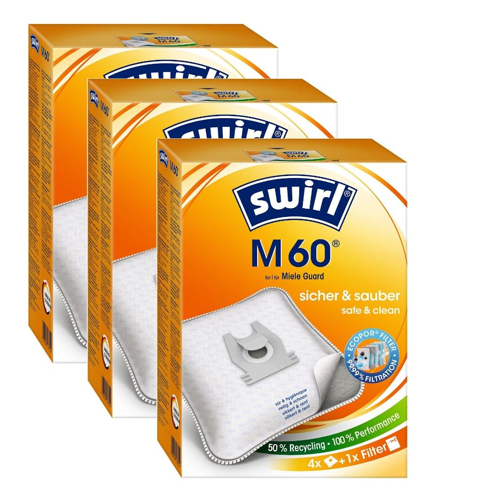12 Original Swirl M60 Staubsaugerbeutel kompatibel mit Staubsauger Miele Guard L1, M1, S1, TU, CO, S8380