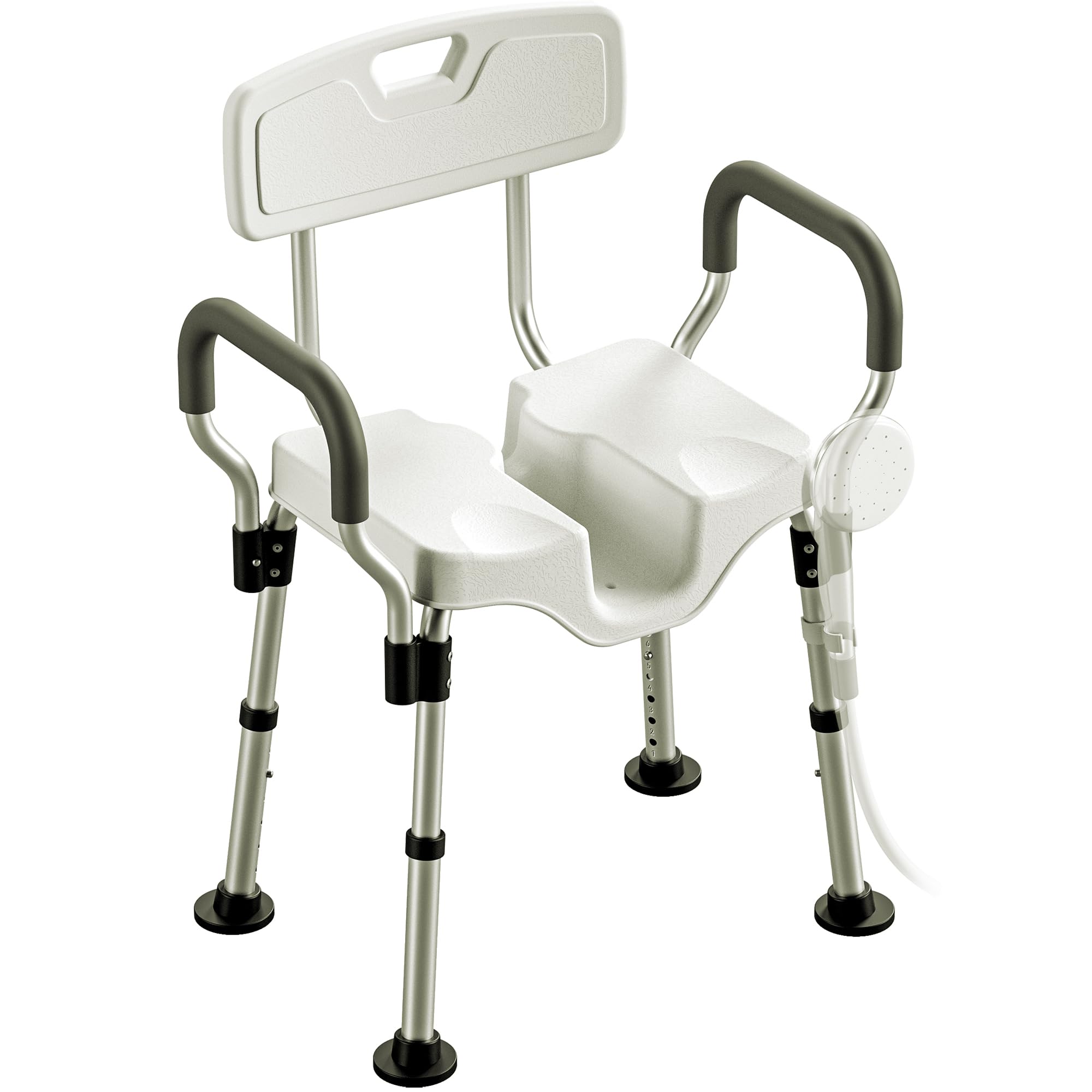LITTNEO Silla de Ducha Regulable en Altura con Reposabrazos y Respaldo Recorte en Forma de U Patas Antideslizantes Silla de Baño con Alta Capacidad de Carga para Personas Mayores (150 kg)