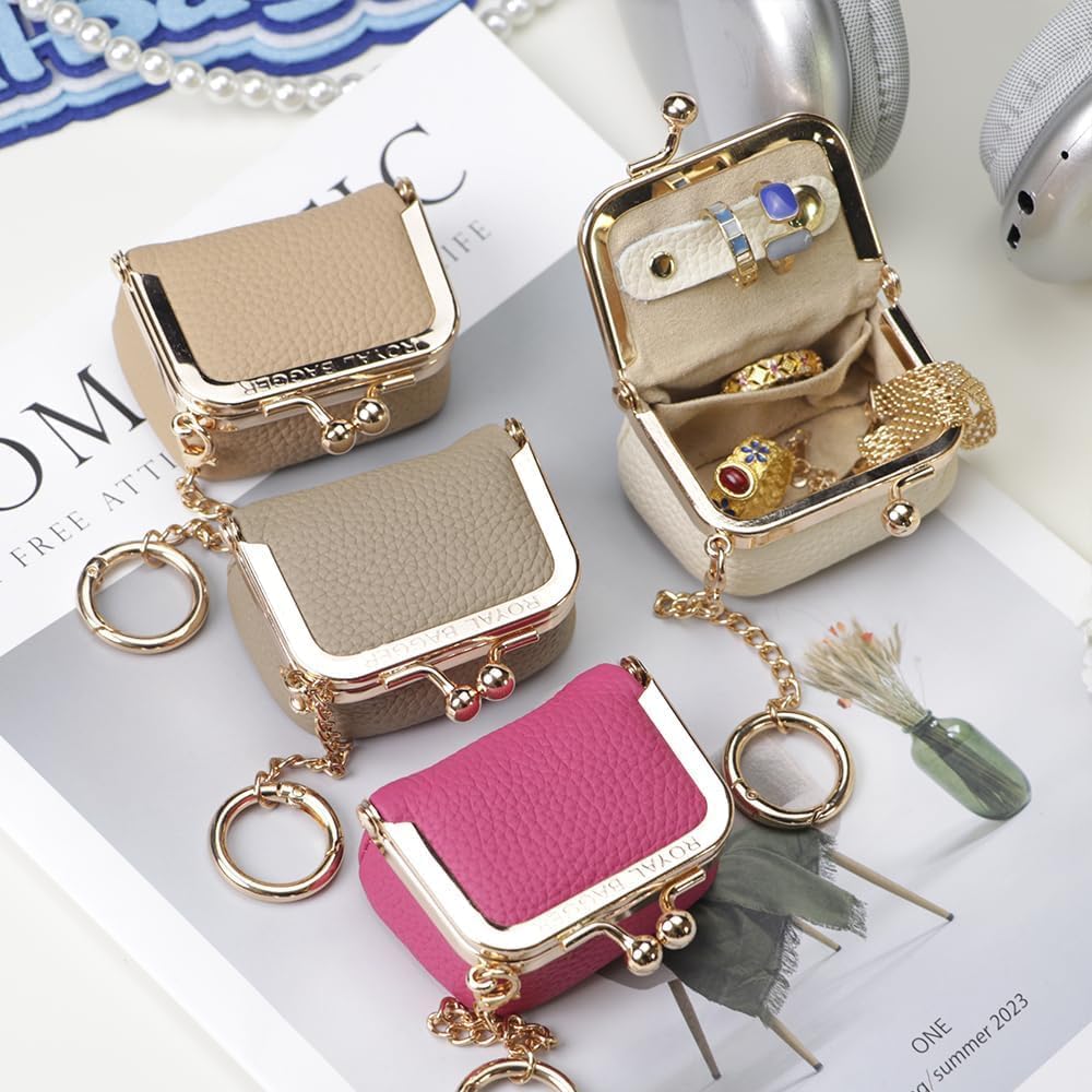 Royal Bagger Mini Jewelry Box & Coin Purse for Women, Genuine Cowhide Leather, Small Jewelry Organizer with Kiss-Lock Closure & Chain Hook 2894