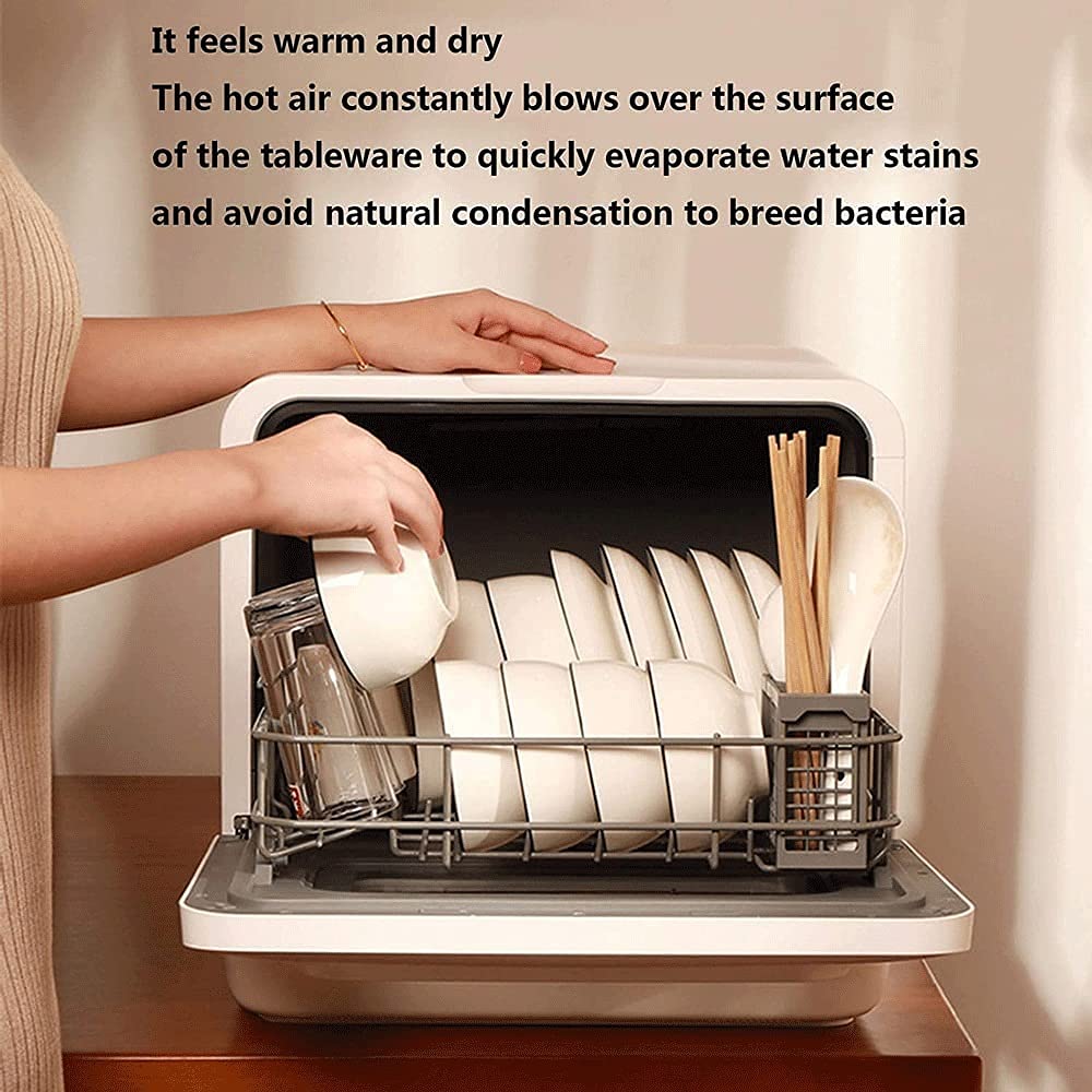 Lavavajillas de sobremesa totalmente automático 6 posiciones, lavavajillas compacto con control táctil, de bajo consumo, con inicio diferido, limpieza, esterilización, secado y almacenamient