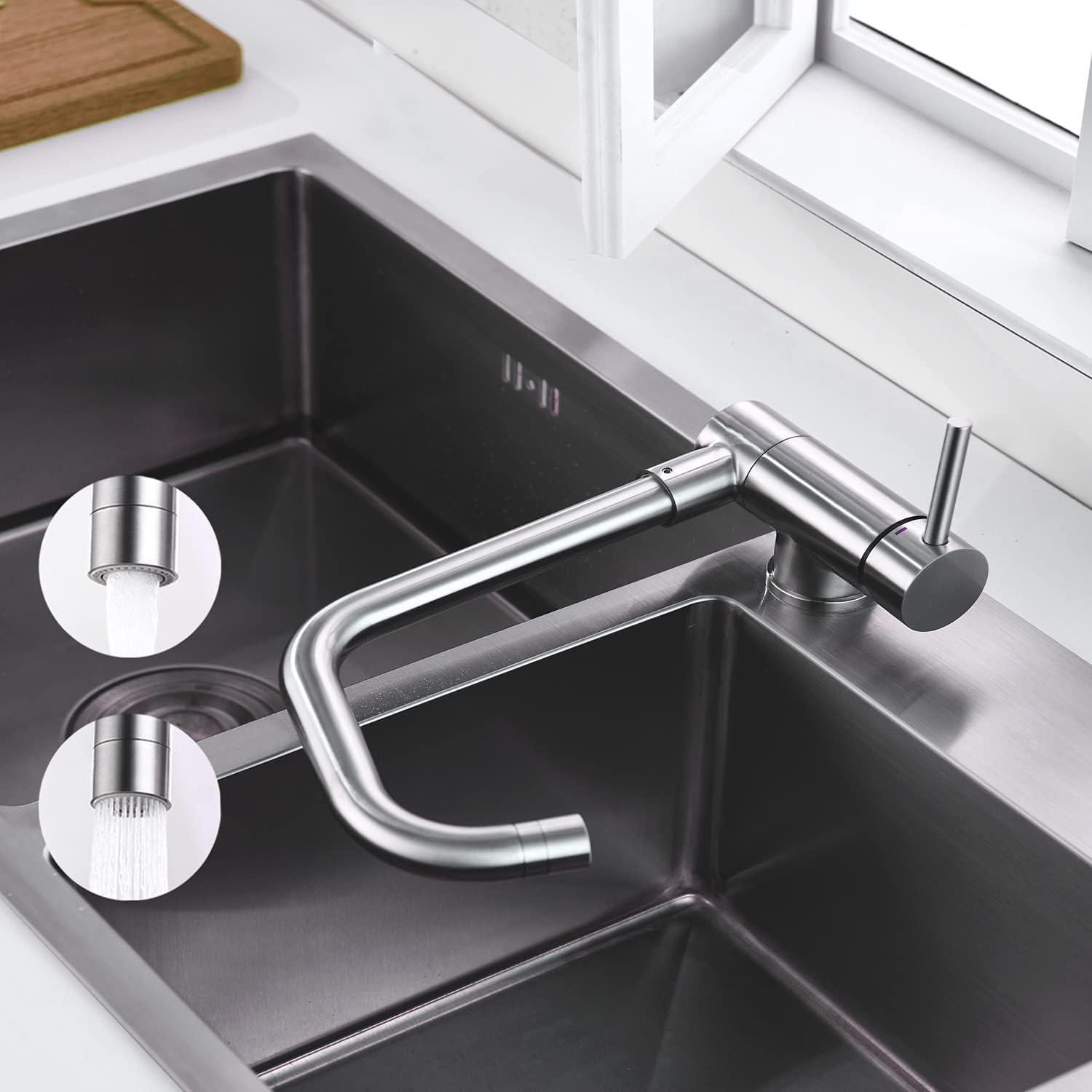 ONECE Grifo Cocina Abatible Con 2 Modos, Mezclador Plegable Para Fregadero | Grifería Monomando para Ventana Frontal Giratorio a 360°, Acero Inoxidable 304 Cepillado