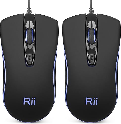Rii Mouse con cable, mouse para computadora con retroiluminación azul, mouse USB con 1600 niveles de DPI, agarre cómodo ergonómico óptico, ratones