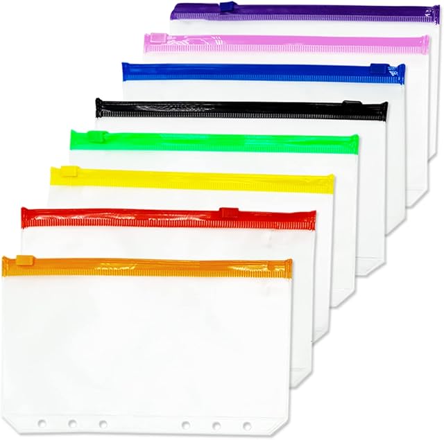 8 Pcs Multicolor A6 Ring Binder Pockets PVC 6 Holes 8 Color Zipper Binder Pouched Notebook Refills Filler Organizer Document Bill Folder Storage Bags, Multicolor