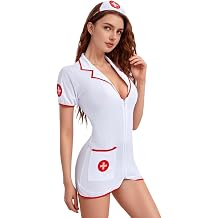 ROSVAJFY Womens Sexy Nurse Lingerie Dress Cosplay Costume Deep V Neck Front Zipper Mini Dress Ladies Doctor Roleplay Outfit Naughty Babydoll Fancy Dress with Headpiece