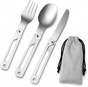 DRACHENADER Camping Utensils Set, 304 Stainless Steel Folding Spoon Fork Knife Cutlery with Storage Bag, Portable Lightweight Flatware for Outdoor Hiking Travel Picnic