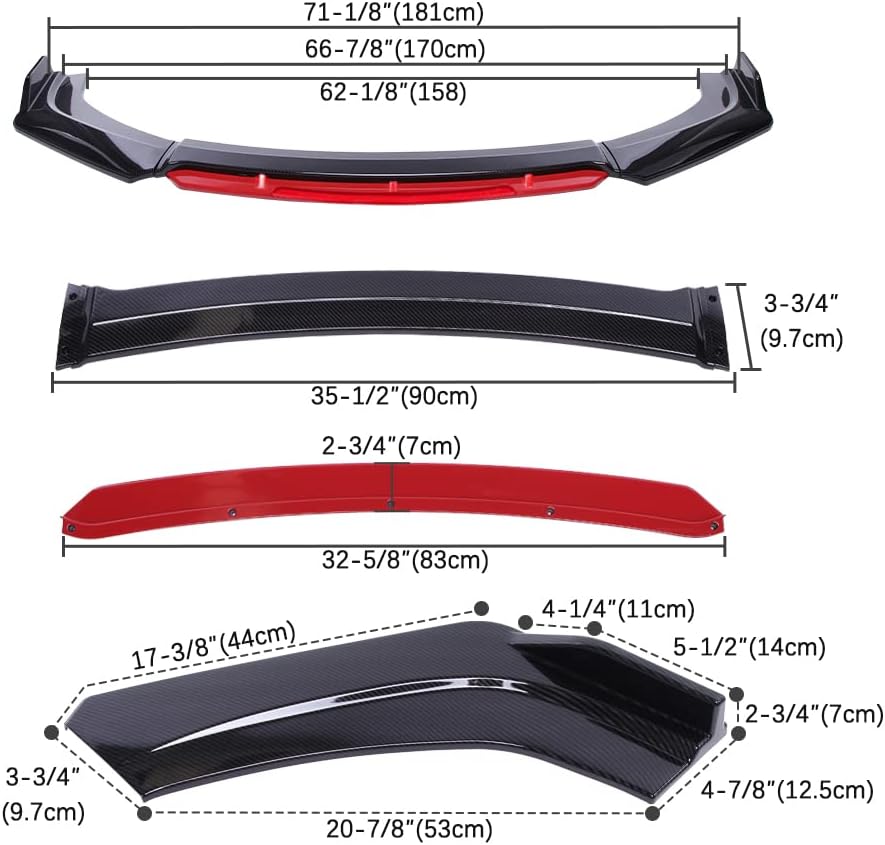 4PCS Universal Car Front Bumper Lip Body Kit Splitter Spoiler Diffuser Protector with Adjustable 10"-13" Support Splitter Rods (Red) - Carbon Fiber,Red Tongue