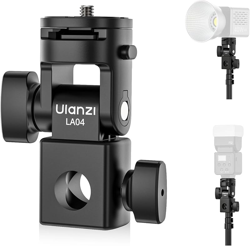 LA04 Light Stand Mount Adapter w 1/4" Screw for Light Tripod | Quick Release,180° Tilt, Load 6.6lb, for Camera Mounting Plate Monitor Ring Light, Fits Flat Head Stand Boom Arm C Stand