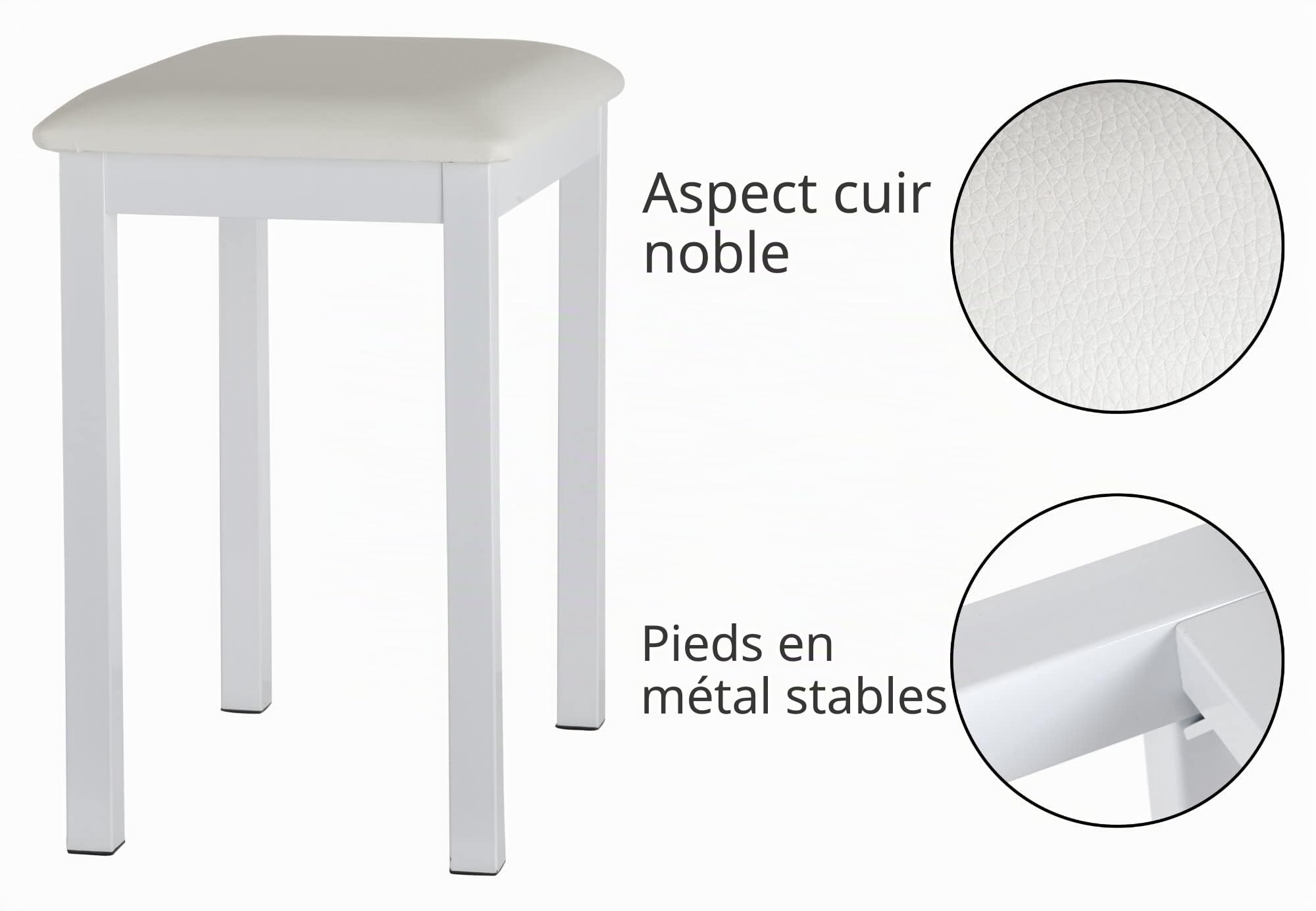 Funkey Banc de Piano B100 - Tabouret Haut de Gamme - Assise Blanche Similicuir 44x30 cm - Pieds Métalliques Stables - Hauteur 50 cm - Couleur Blanc Mat