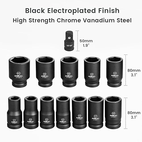 Miniatura 2 de Anbull Juego de llaves de vaso de impacto profundo de 3/4 pulgadas, combinación métrica de 12 piezas, tamaños de 0.669 in, 0.748 in, 0.827 in, 0.866