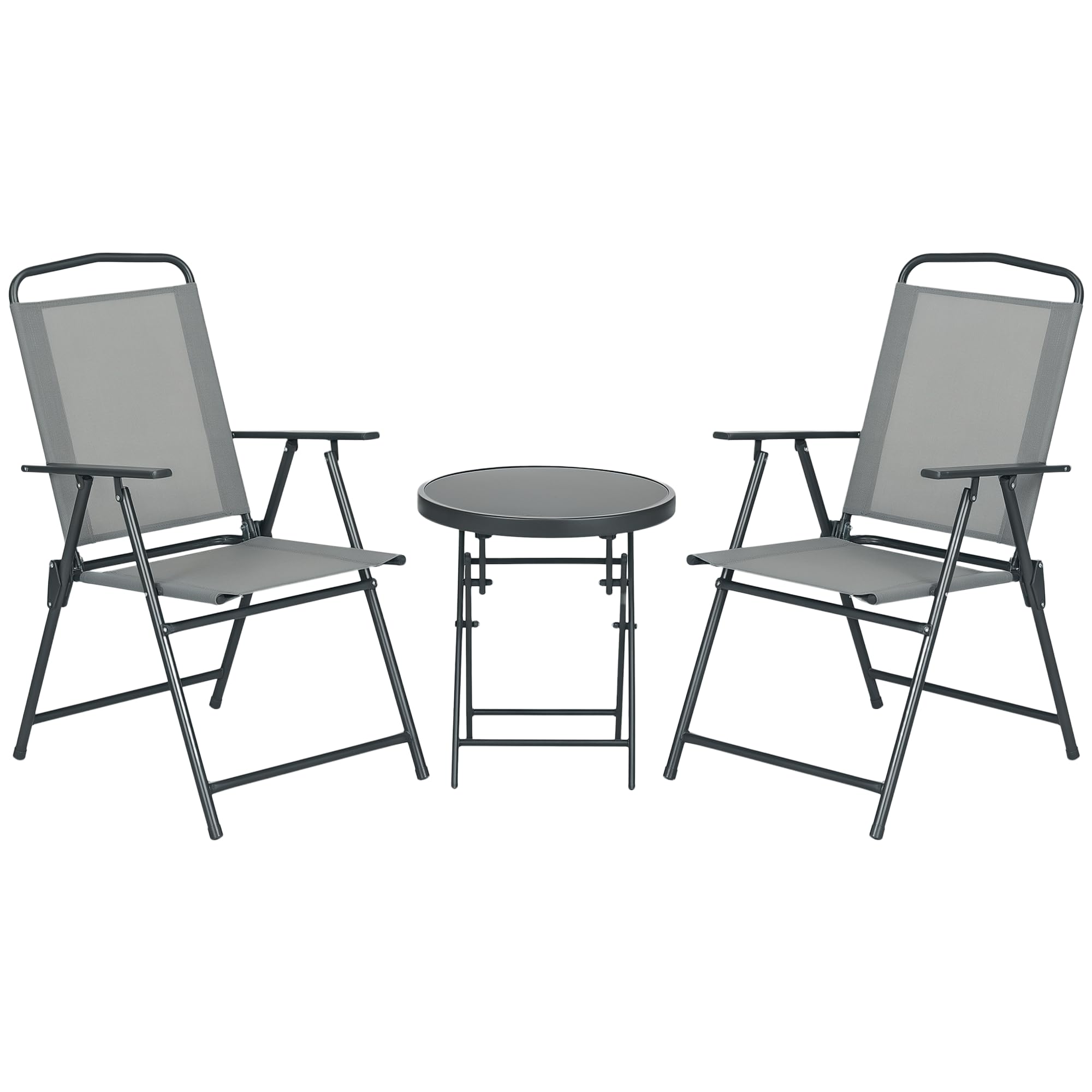 Outsunny Garden Bistro Set, 3 Pieces Table and Chairs Set, Outdoor Garden Furniture with Foldable Breathable Mesh Fabric Armchairs & Glass Top Coffee Table, Light Grey