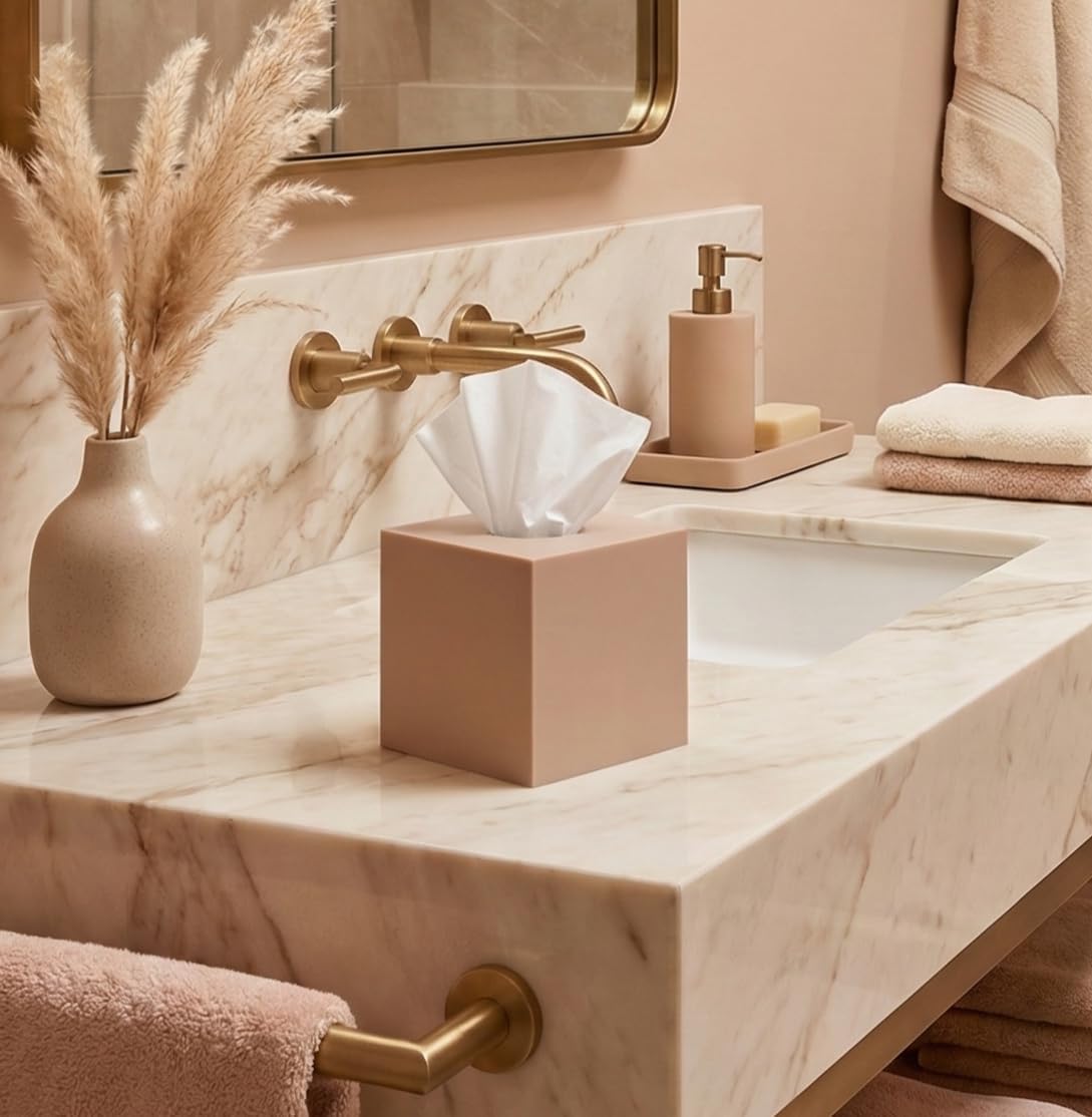 Square Tissue Box Cover | Fits Standard Square Tissue Boxes | Tan Tissue Box Holder for Bathroom | Premium Acrylic Tissue Cover | Cube Tissue Holder | 5.3" x 5.3" x 5.5" | My Space Organizer image 2