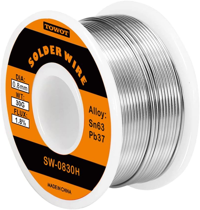 TOWOT 63-37 Solder Wire High Purity Tin Lead Rosin Core Solder Wire for Electrical Soldering, Content 1.8% Flux (0.8mm, 30g)