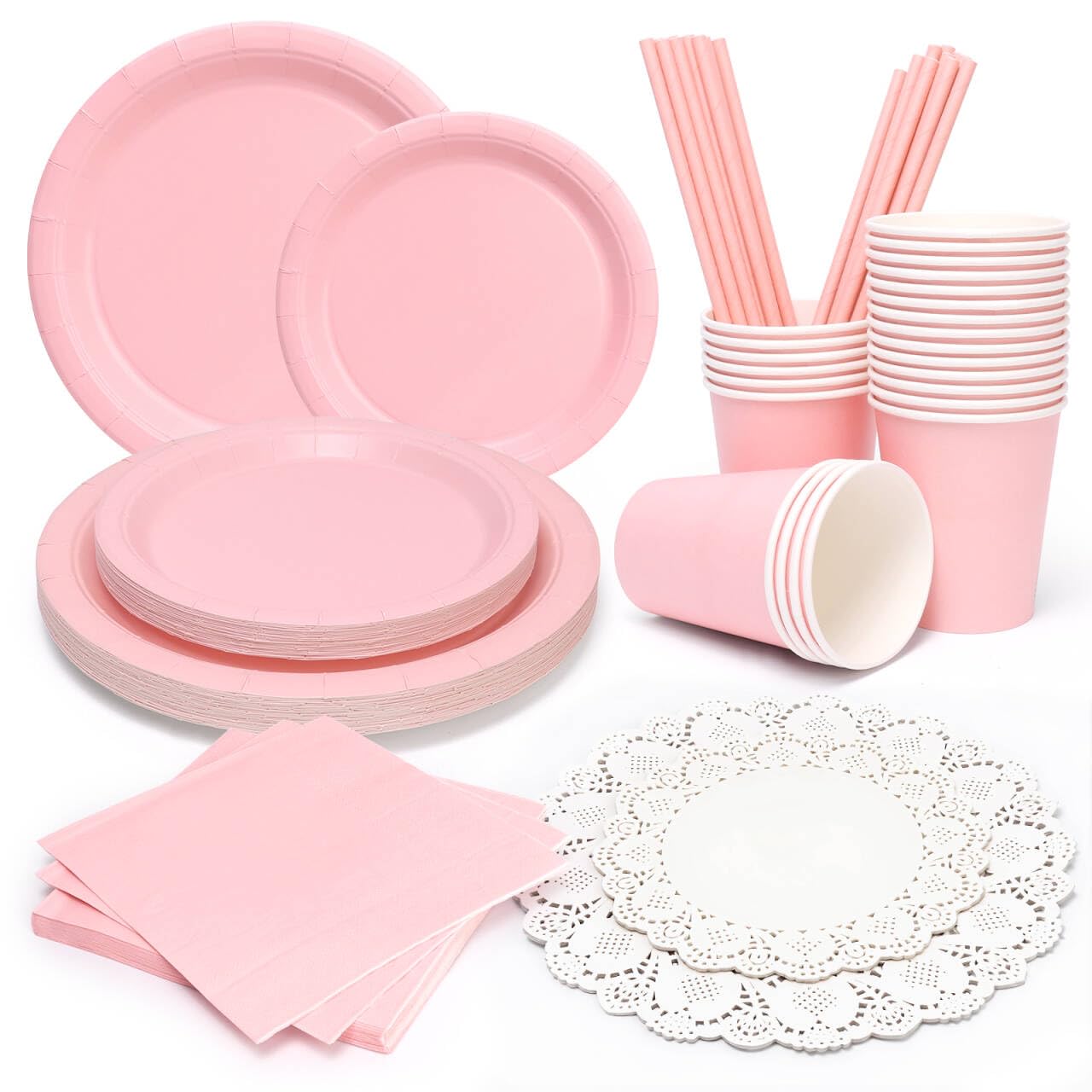 PARTY GO 170PC Pink Paper Plates Cups Napkins Straw, Paper Doilies