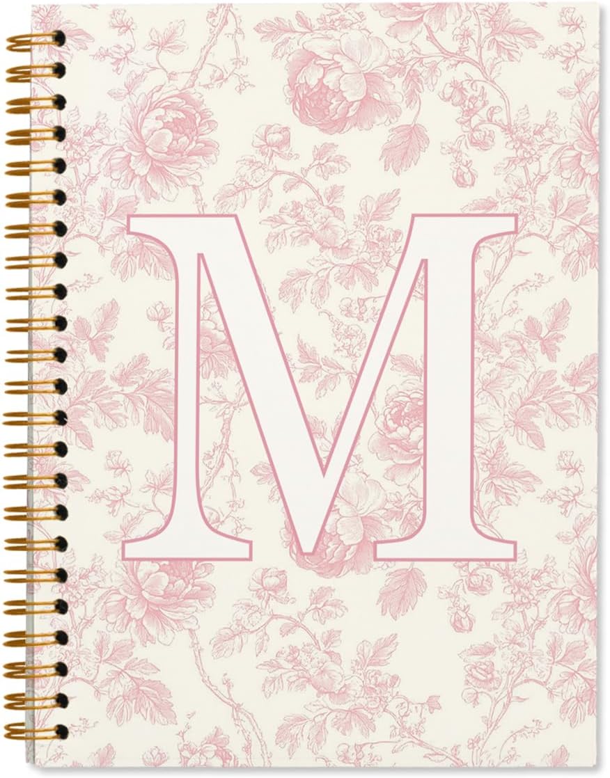 Pink Initial Notebook Embroidered M, Teacher Journal,Aesthetic Notebook, Monogrammed Personalized Stationery Gifts for Women,Preppy School Supplies for Girls 5.5x8.3