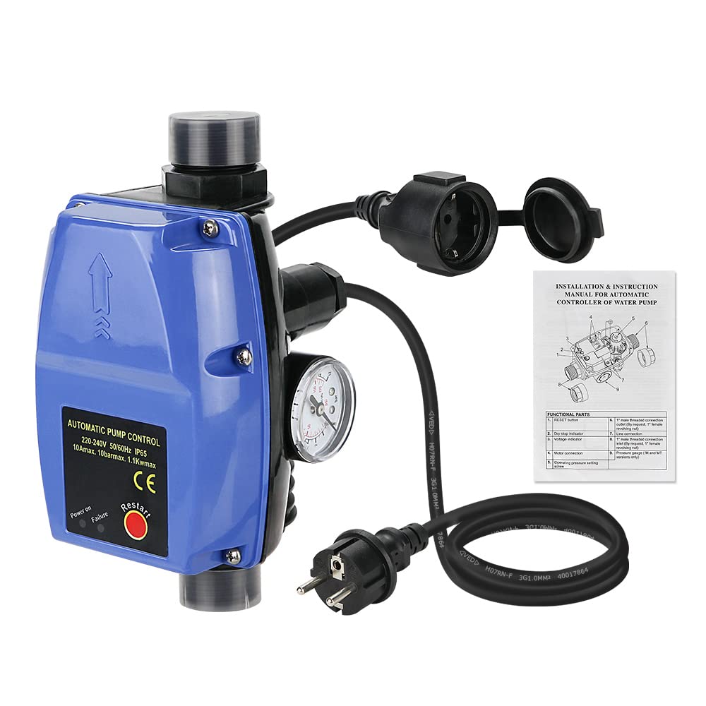 Control de bomba, interruptor de presión con manómetro y cable, regulador de presión electrónico máx. 10 bar, regulador de flujo para plantas de agua domésticas, bomba centrífuga, bomba sumergible,