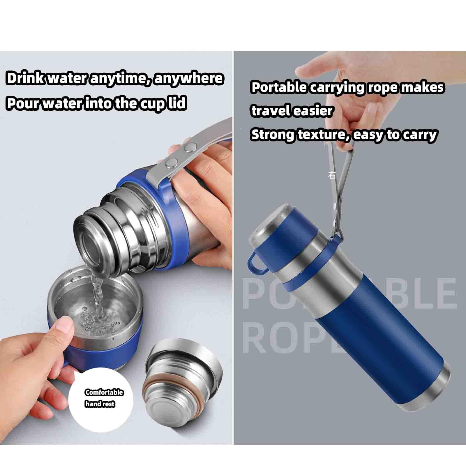 JUSHZ Sport Wasserflasche Water Bottle Wasser Flasche Thermoskanne Mit Becher Thermosflasche Thermobecher Thermosflaschen Isolierflasche 1 Liter Auslaufsicher Edelstahl Auto Geschenk (1000ml,Black)