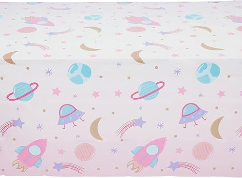 Miniatura 4 de Blue Panda Paquete de 3 fundas de plástico rosa para mesa espacial para niñas, suministros de fiesta de cumpleaños y fiesta de planeta rosa (54 x