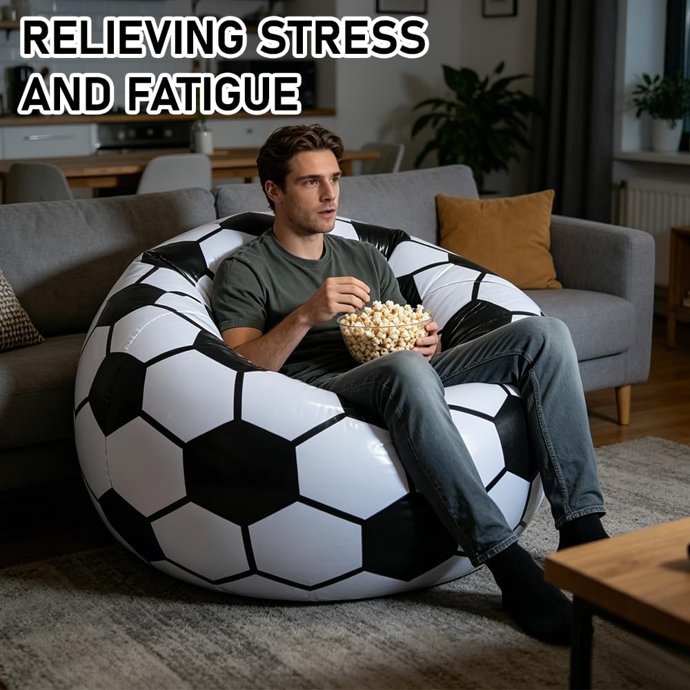 Poltrona gonfiabile a forma di pallone da calcio, 105 x 105 x 70 cm, con pompa ad aria, portatile, superficie floccata, super morbida, per soggiorno, camera da letto, campeggio