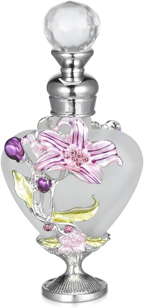 Lurrose Antique Crystal Perfume Bottle Decorative Refillable Empty Fragrance Bottle Small Vintage Embellished Floral Glass Perfume Vial Scent for Ladies Girls 10ML