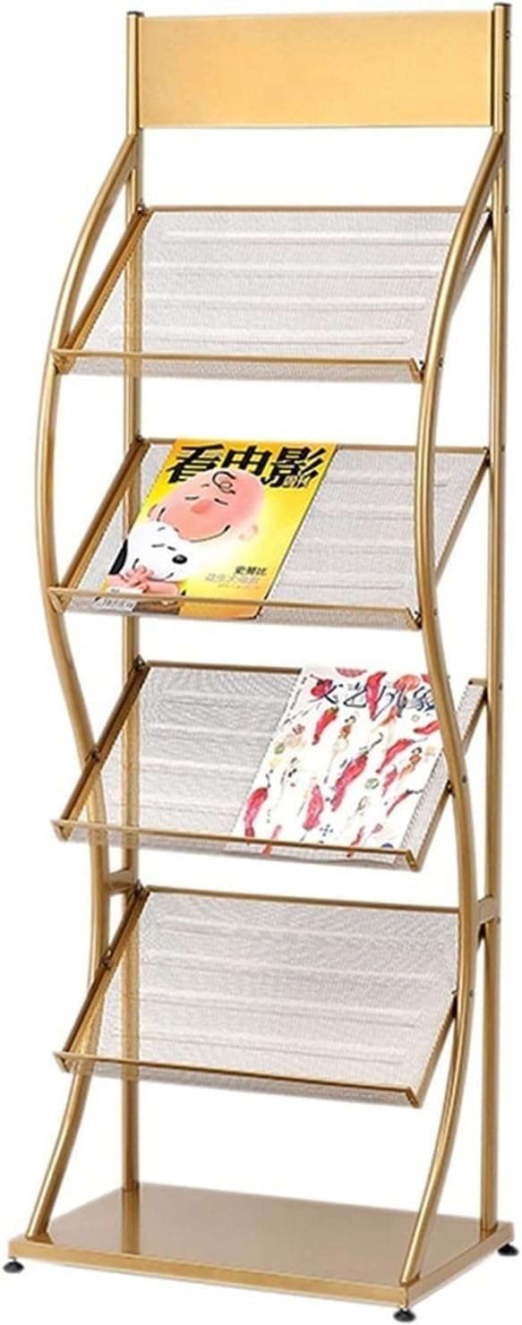 Magazine Rack Brochure Display Stand Desk Display with 4 Layers, Floor Type Metal Mesh Magazine Rack, Newspaper Rack 50 x 32 x 144 cm, Easy to Move (Gold) (Gold)