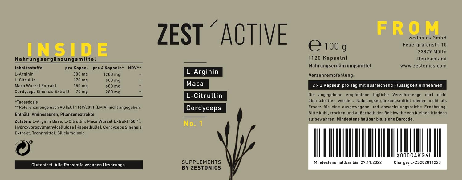 ZEST'ACTIVE L-Arginin Base, L-Citrullin, Maca, Cordyceps - 120 Kapseln