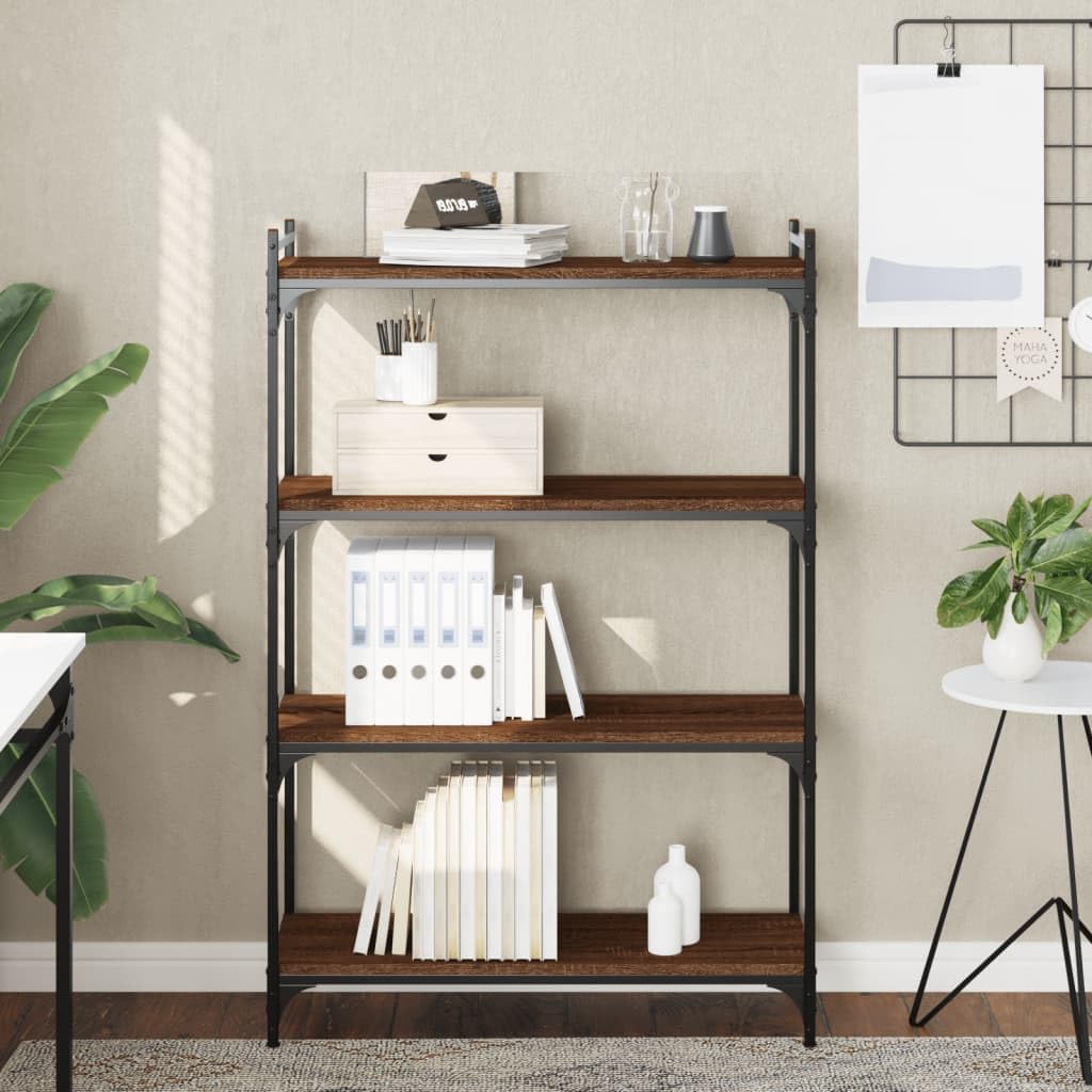 Librería 80 x 30 x 120 cm, aspecto de roble marrón con marco de metal y 4 niveles, estantería de pie para salón, pasillo, dormitorio, diseño moderno para decoración de libros
