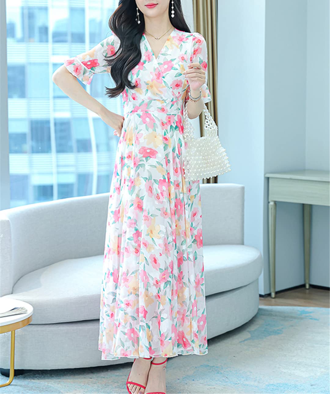 Abito lungo da donna, in chiffon, estivo, alla moda, floreale, casual, elegante, da sera