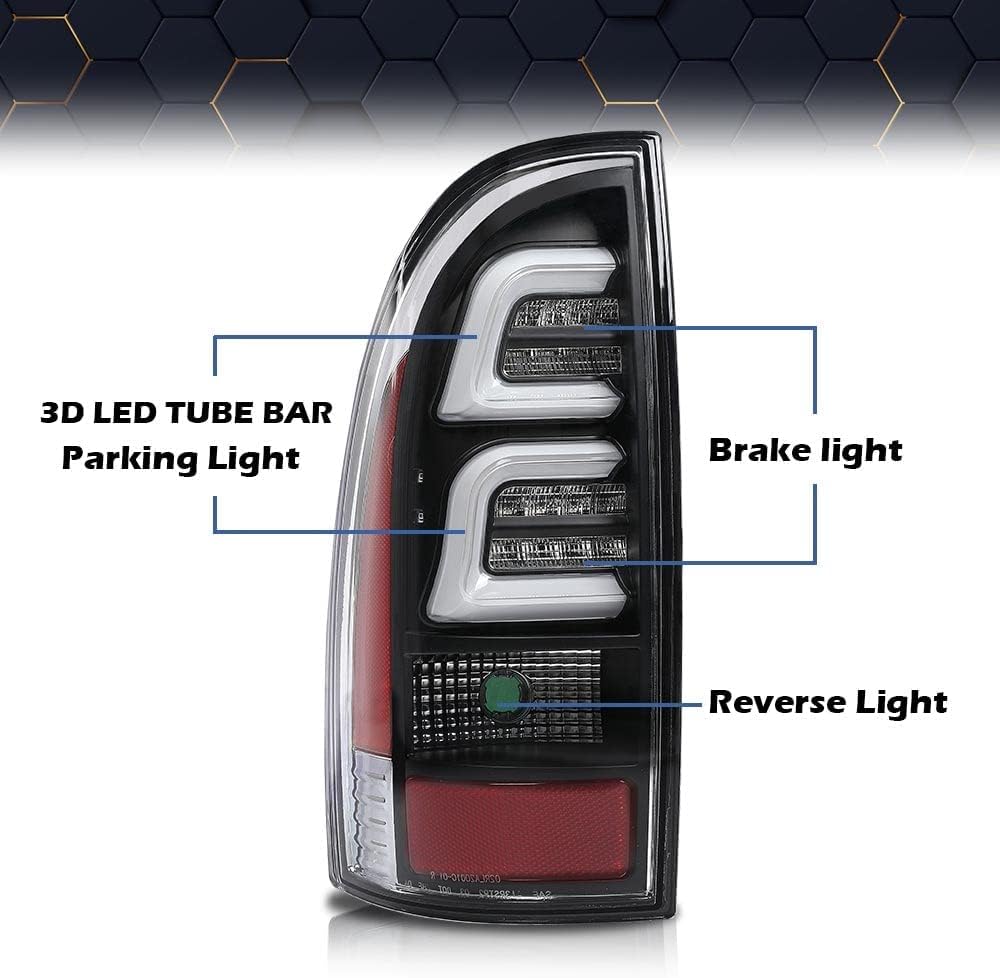 PIT66 LED Tail Lights Assembly, Compatible with Toyota Tacoma 2005-2015 Rear Lamp Left Driver And Right Passenger Side Clear Lens Black Housing w/White Light Bar