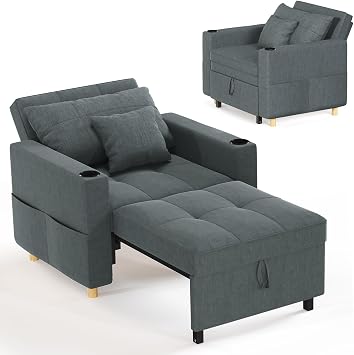 YODOLLA 3-in-1 Pull Out Sleeper Chair Bed 97cm Single Sofa Dark Grey