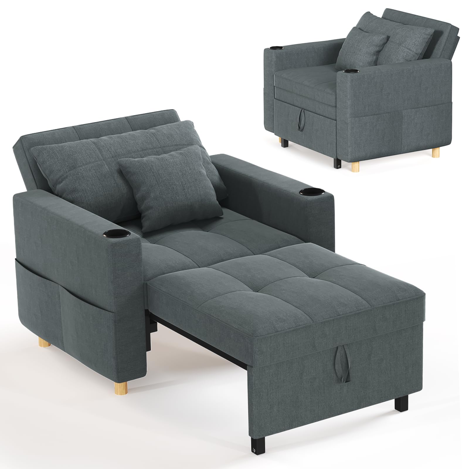 YODOLLA 3-in-1 Pull Out Sleeper Chair Bed 97cm Single Sofa Armchair, Dark Grey — image 1