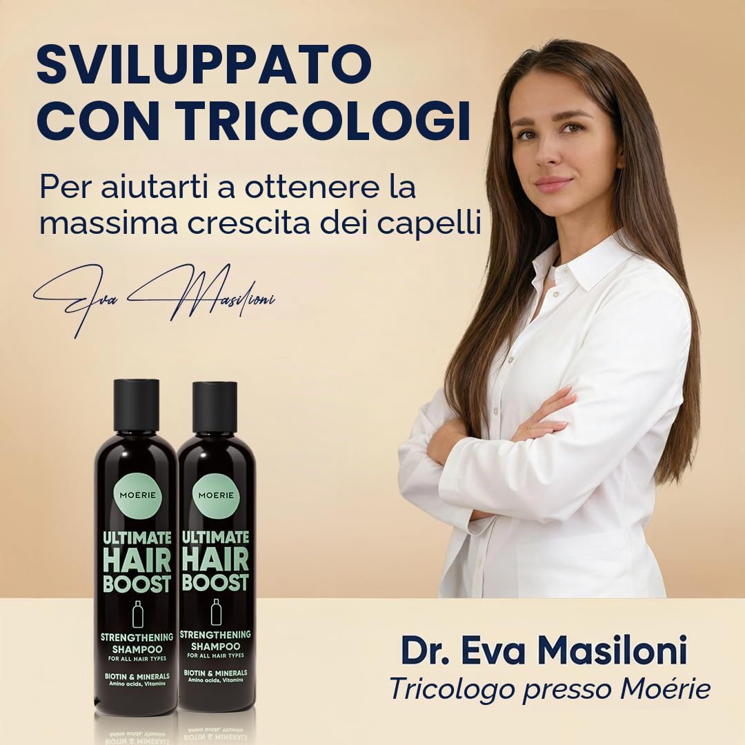 Moérie shampoo crescita capello premium per lunghi e folti, volumizzante vegan-friendly senza parabeni o silicone per tutti, shampoo anticadulla uomo e donna (250 ml) x2
