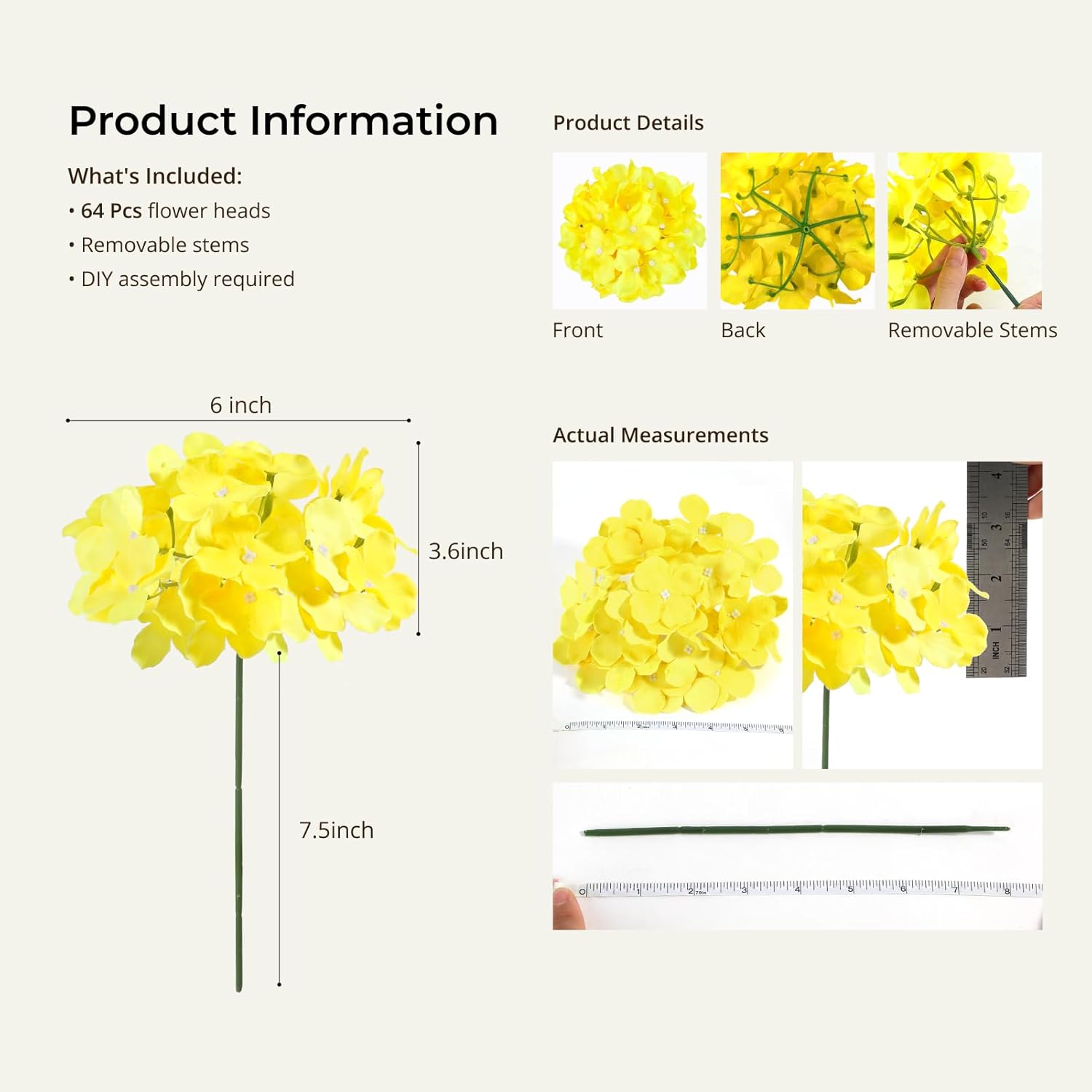 Auihiay 64pcs Hydrangea Artificial Flowers, Yellow Silk Hydrangea Heads with Stems, Hydrangea Flowers for DIY Wedding Centerpiece Baby Shower Home Party Decor (Yellow)