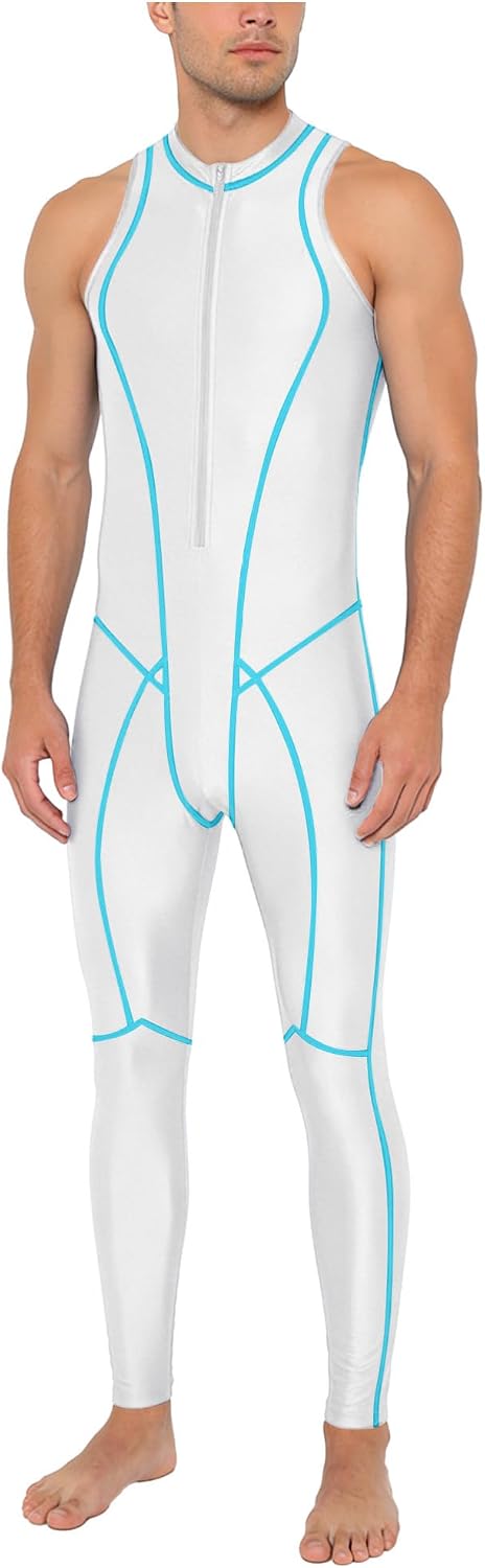 CHICTRY Mens Sleeveless Full Body One Piece Swimsuit Mock Neck Front Zipper Glossy Bodysuit Jumpsuit