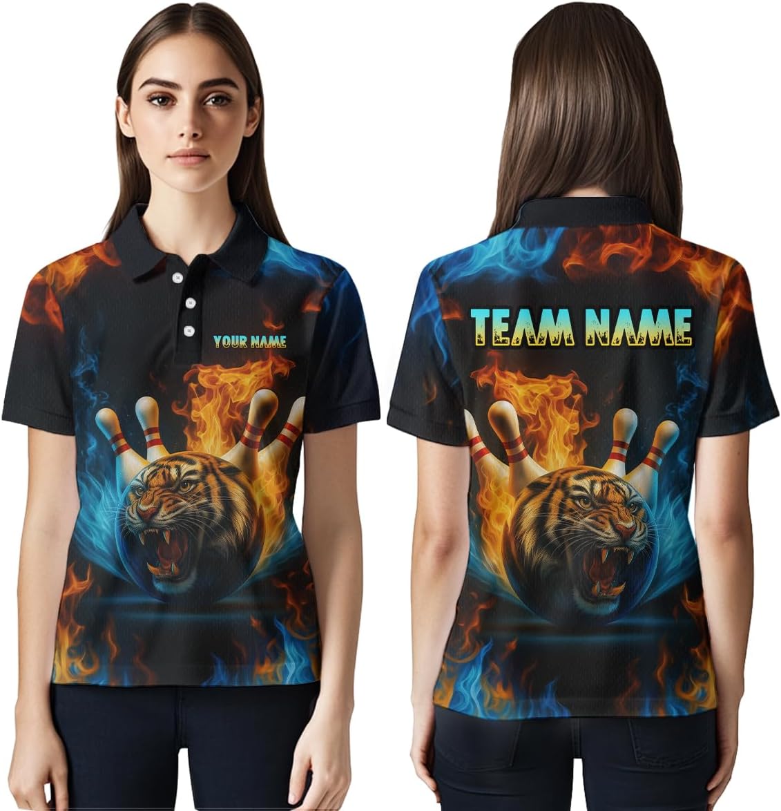 Smoke Tiger Bowling Shirts for Team Women Men Custom Bowling Jerseys Tiger Flame Bowling Polo and 1/4 Zip Shirt League