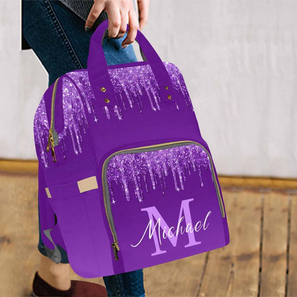 InterestPrint Personalized Nursing Bags with Name Custom Purple Glitter Diaper Bag Customized Mommy Nappy Bag Fashion Shoulder Bag Large Travel Back Pack for Women Men