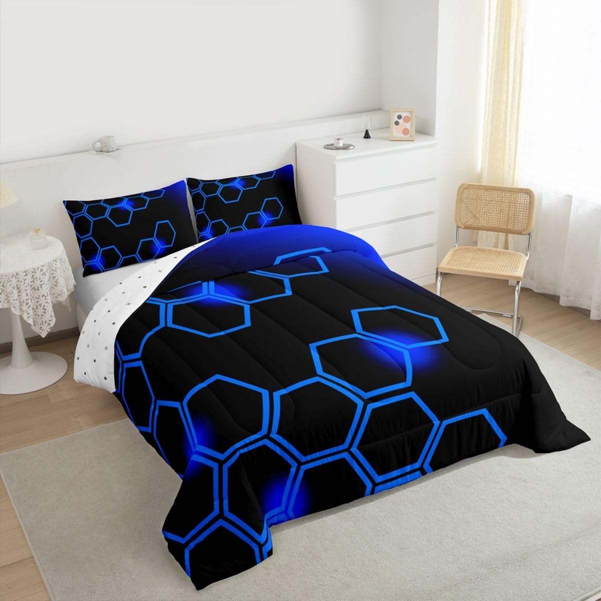 Feelyou Blue and Black Bedding Set Full Size Honeycomb Comforter Set for Kids Boys Girls Decor Geometrical Comforter Beehive Pattern Blue Duvet Set Bedroom Quilt Set
