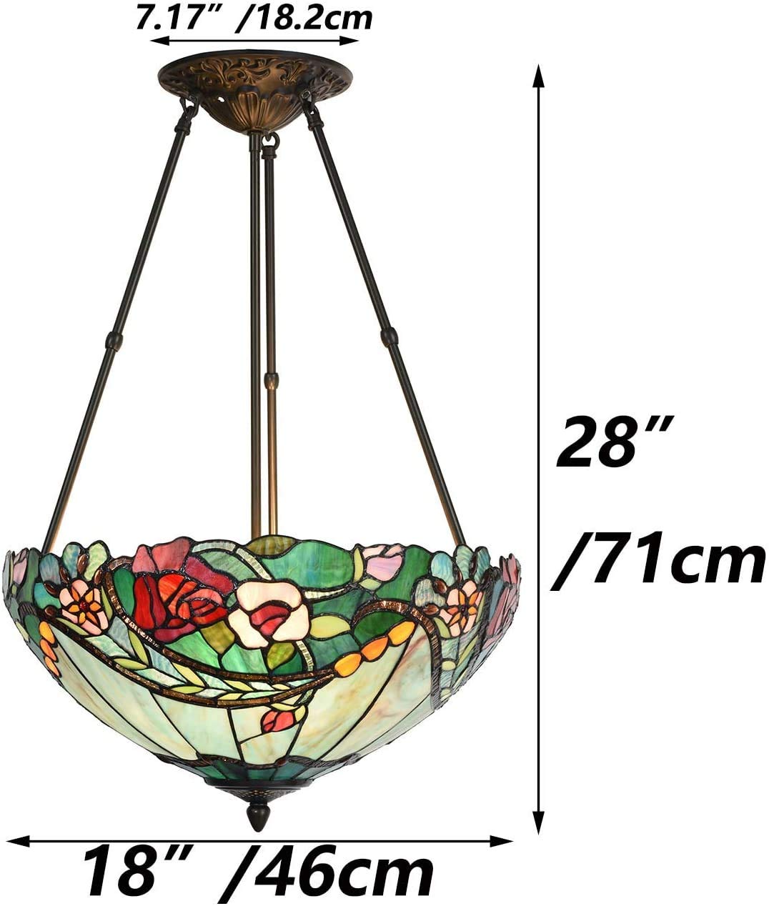 Bieye L30741 - Lampada a sospensione in vetro colorato con motivo a rose, motivo Tiffany, 45,7 cm, 3 luci