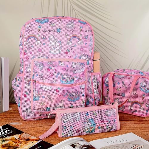Image of Silkfly 3 Pcs Mesh Backpack Set, Heavy Duty Semi-transparent Bookbag with Lunch Bag Pencil Case for Travel, Beach, Sports