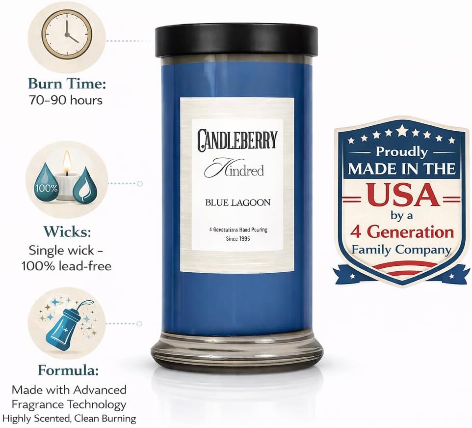 Candleberry Candles Kindred Tropical Citrus Collection | Luxury Glass Jar | USA Hand Poured Soy Blend Candle | Highly Scented & Long Lasting | Up to 90 hour Burn Time (Blue Lagoon)