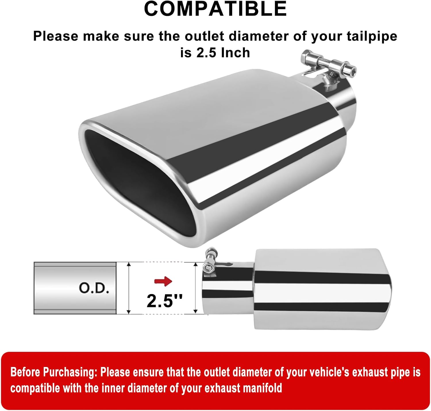 MuHize Exhaust Tip 2.5" Inlet, 5.5" x3 " Square Outlet 9" Length Performance Exhaust Tips, Stainless Steel Polished, Bolt on, Single Walled Diesel Exhaust Pipe for Pickup Truck, Car, Truck