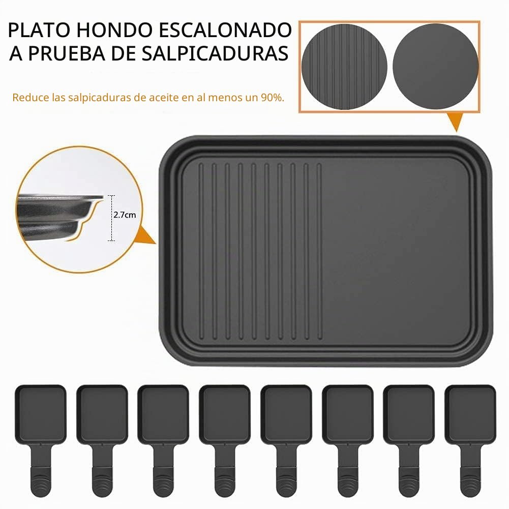 Raclette 8 Personas, Parrilla Electrica Barbacoa, Grill Electrico, 1500W | Con 8 mini-sartenes, plancha grill antiadherente, grill electrico de sobremesa y control de temperatura variable