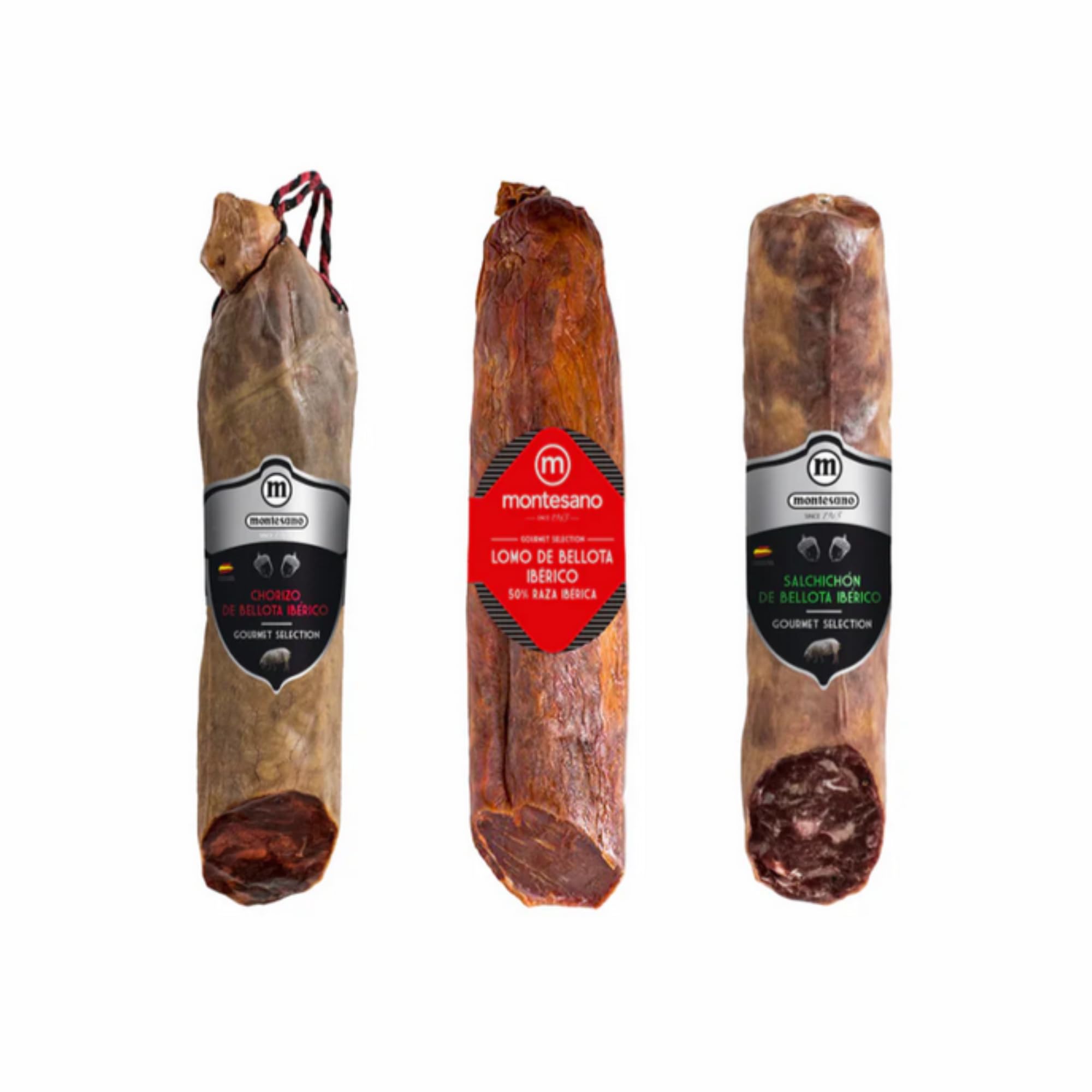 Ibéricos Montesano | Pack Embutidos | Chorizo de Bellota 100% Ibérico + Salchichón de Bellota 100% Ibérico + Lomo de Bellota Ibérico 50% Raza Ibérica | Alimentación Natural | Surtido Ibérico Gourmet