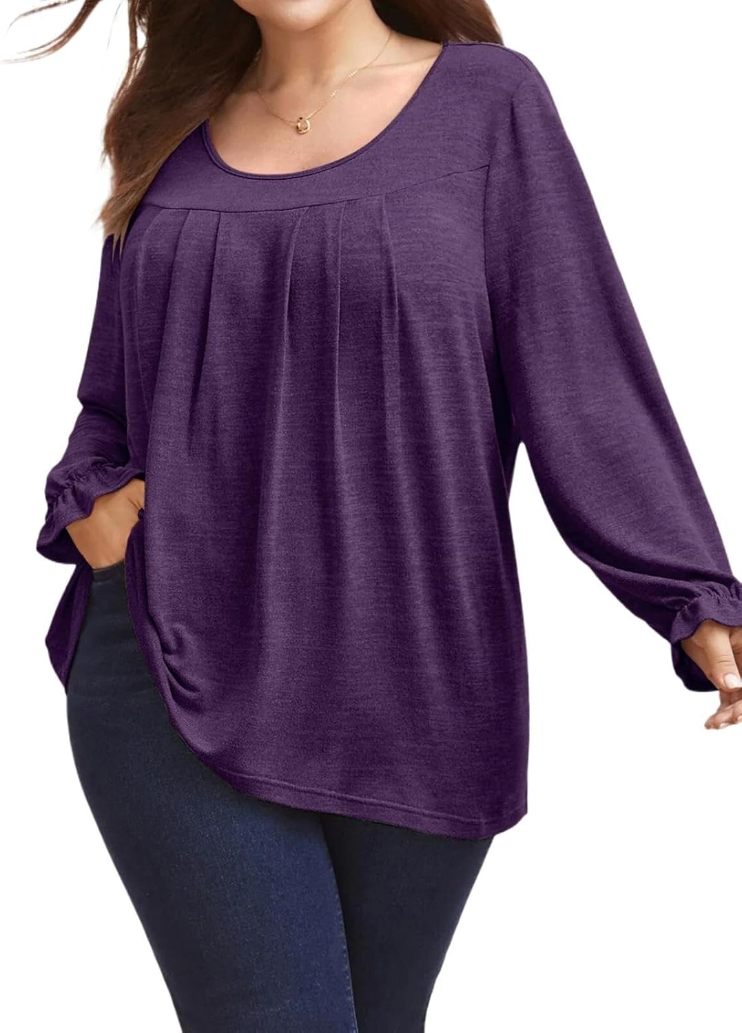VNIRA Plus Size Long Sleeve T Shirt for Women Oversized Crew Neck Loose Fit Pleated Spring Fall Casual Tunic Top - Image 2