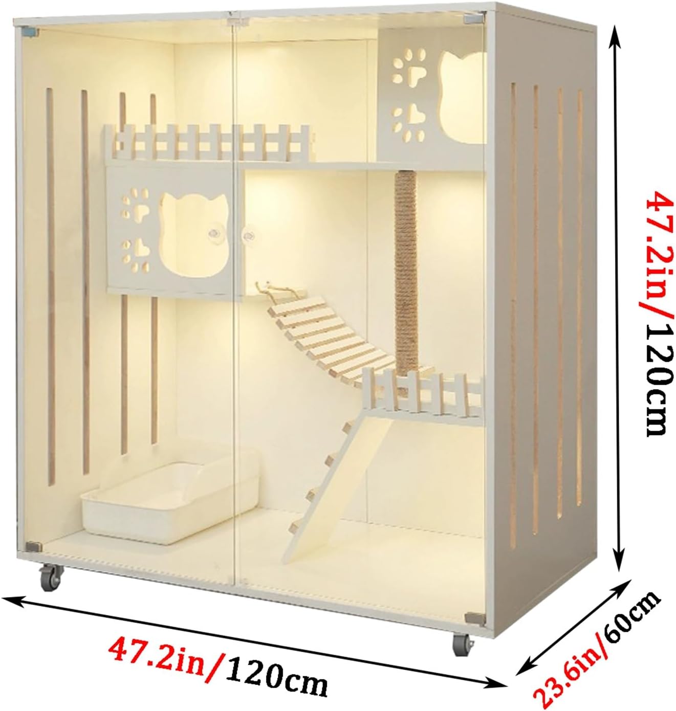 Cat Enclosures, Solid WoodCat Cage, Extra Large Double-Decker Cat Cage Villa, White DIY Cat Playpen with Door, Side Panel Breathable Design(47.2x47.2/120x120cm)